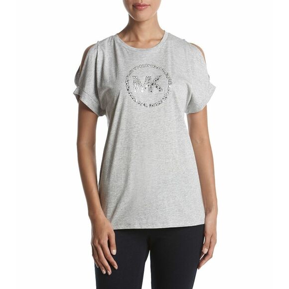 New! MICHAEL KORS Women's MK Circle Logo Cold-Shoulder Top Blouse Short Sleeve - Picture 1 of 5
